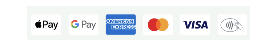 Accepted payment methods: Apple Pay, Google Pay, American Express, Mastercard, Visa and contactless