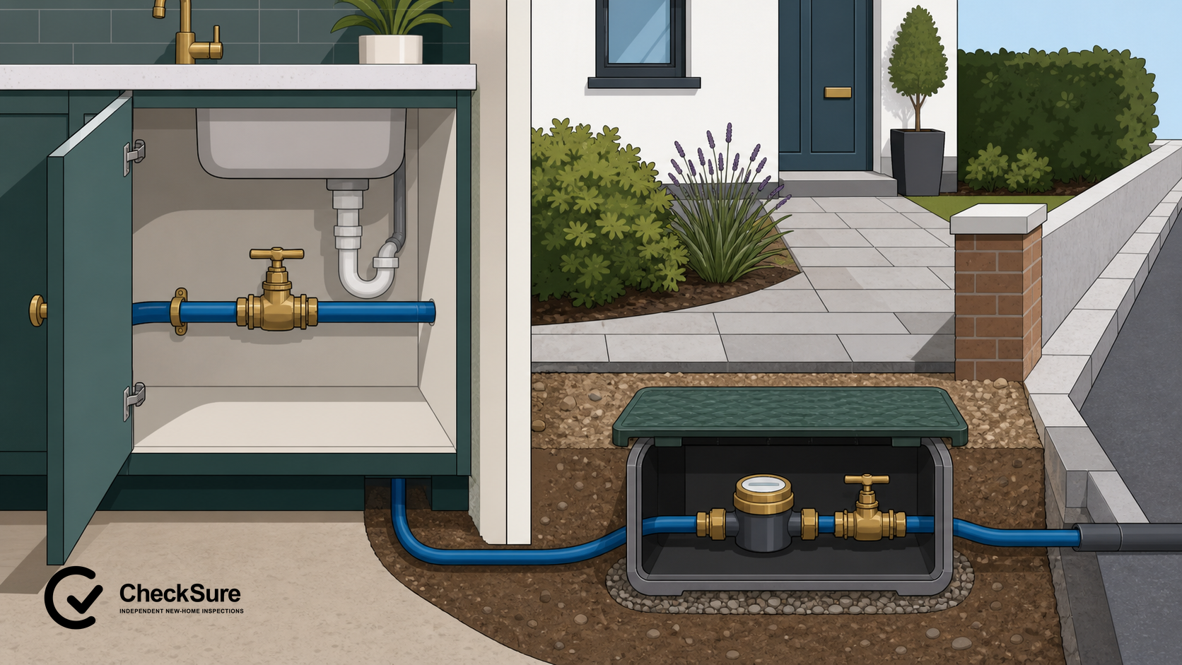 Cutaway illustration of an accessible internal stop valve under a sink and an outside stop valve beside a water meter near the boundary.