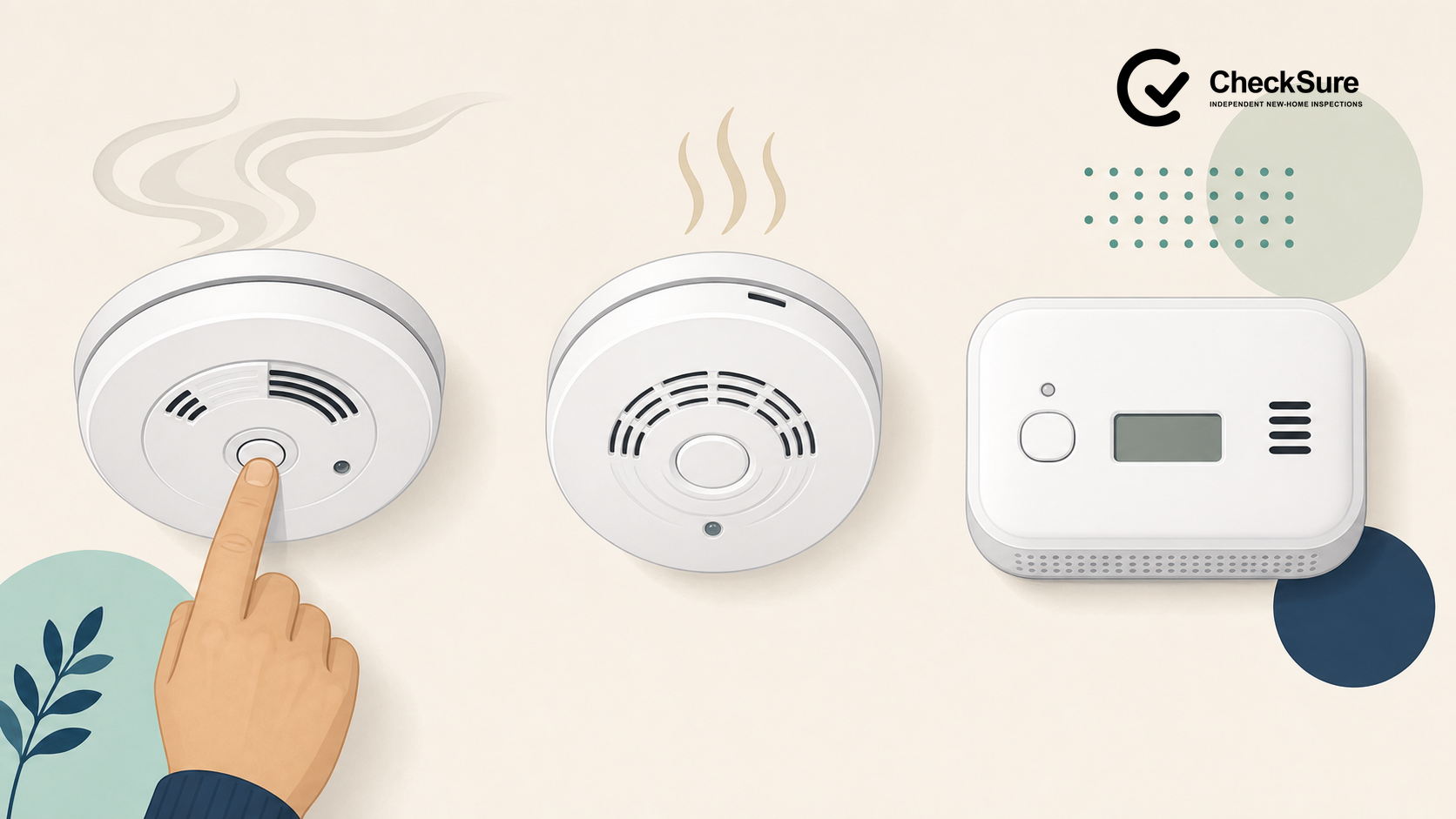 Generic examples of smoke, heat and carbon monoxide alarm types, with a hand using a test button; no installation positions are shown.