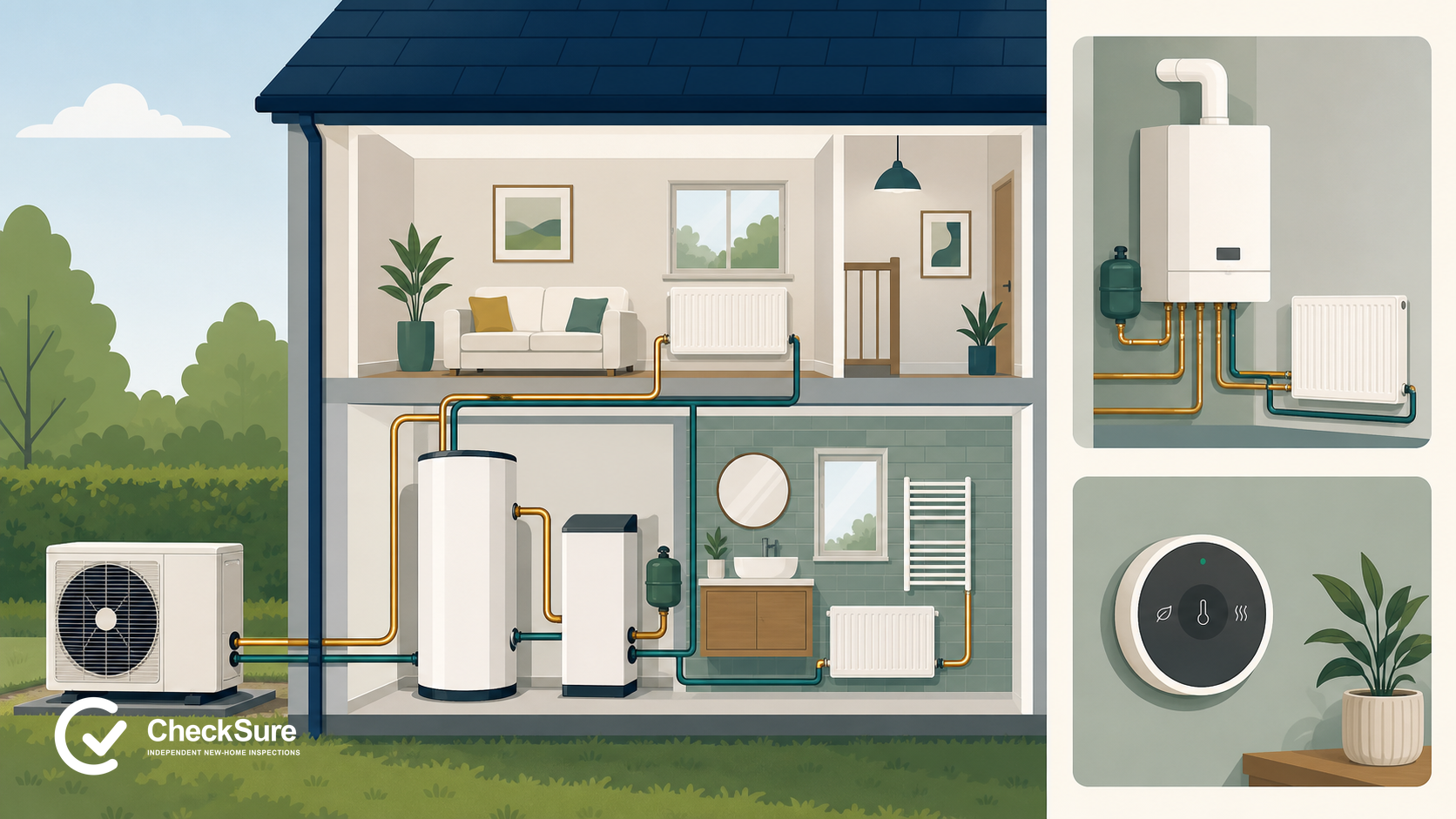 Cutaway illustration of a heat-pump system with hot-water cylinder, radiators and controls, plus a separate boiler example.