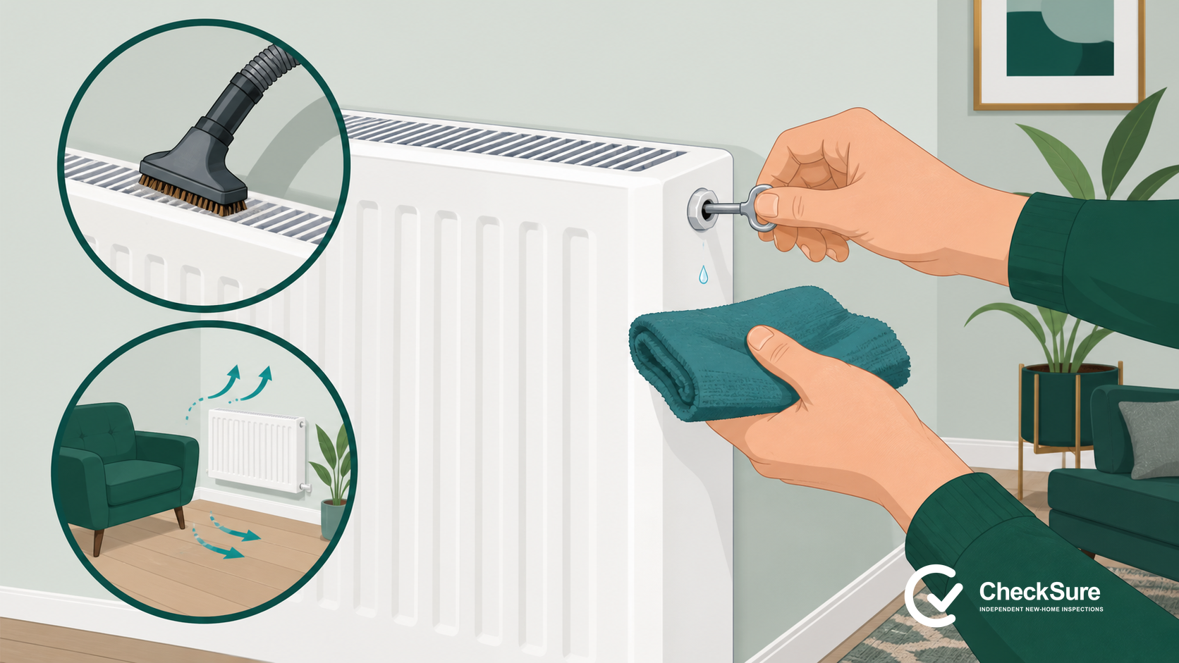 Illustration of a radiator key in the top-corner bleed valve, a cloth catching a droplet, cleaning and clear airflow.
