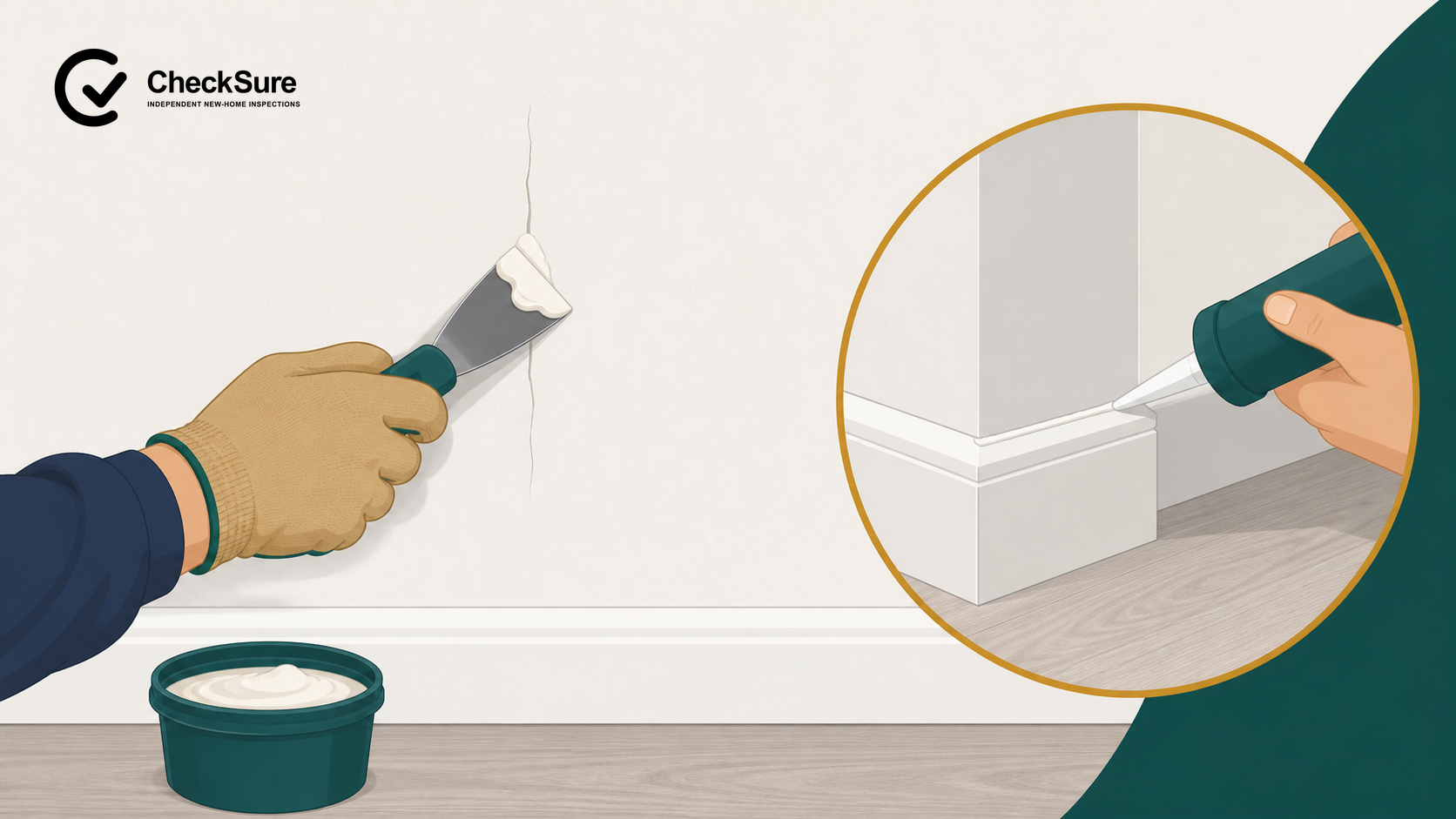 Illustration of a fine plaster crack being filled and a small skirting-board junction being caulked.