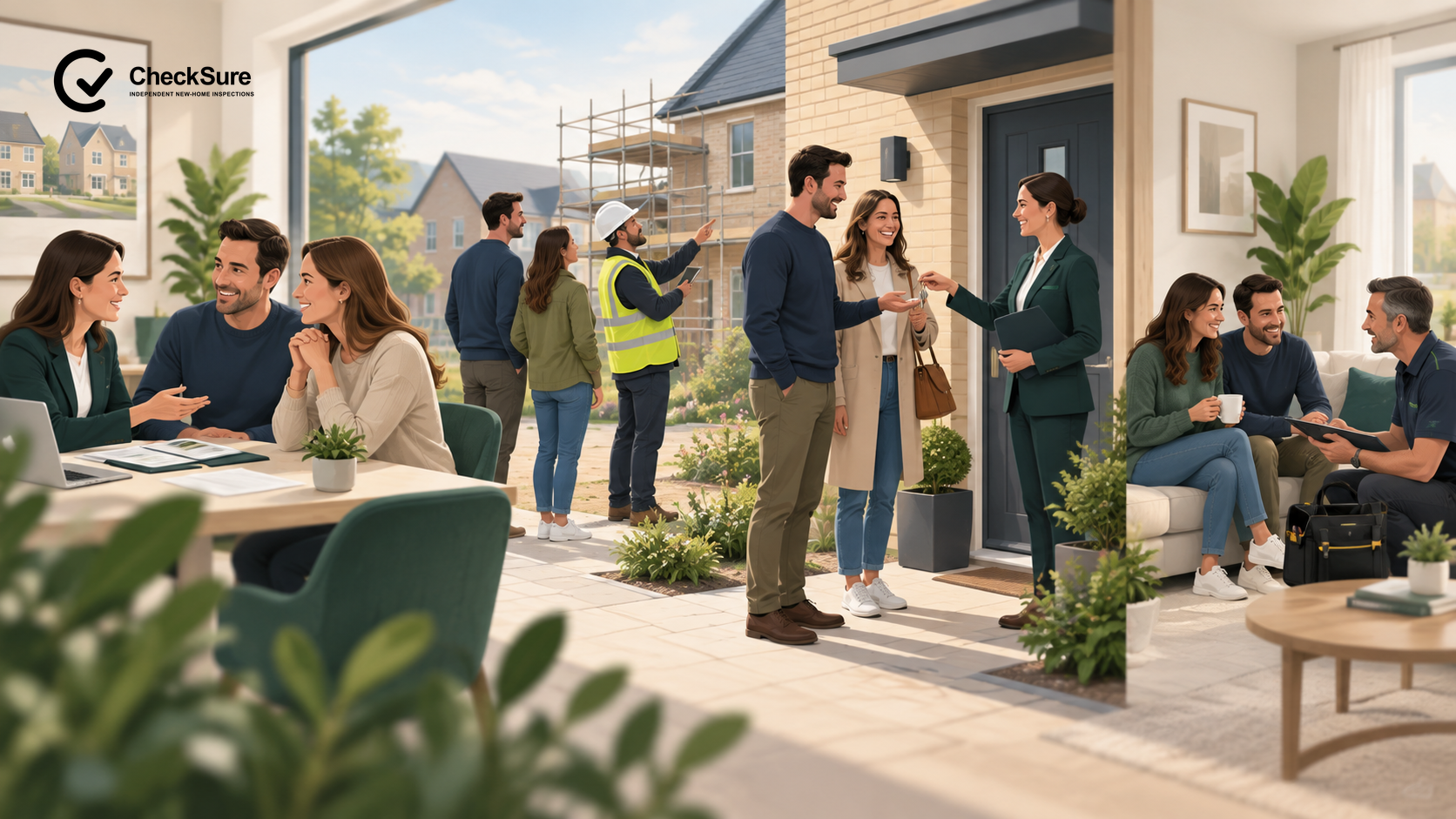 A buyer journey moves through reservation, professional inspection, handover and developer aftercare in a new-build home.