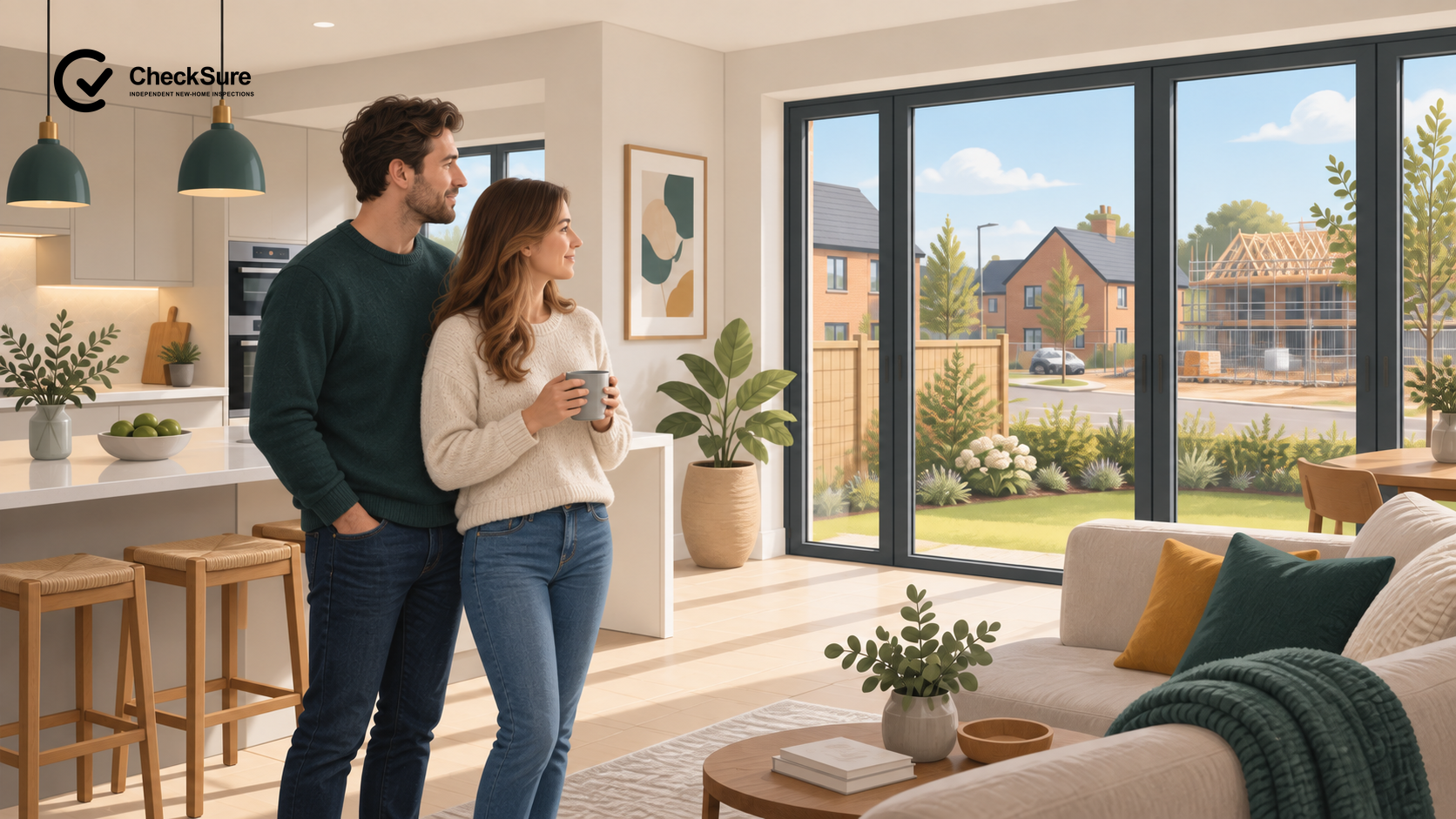 A couple view a bright modern new-build home while construction on the wider development remains visible outside.