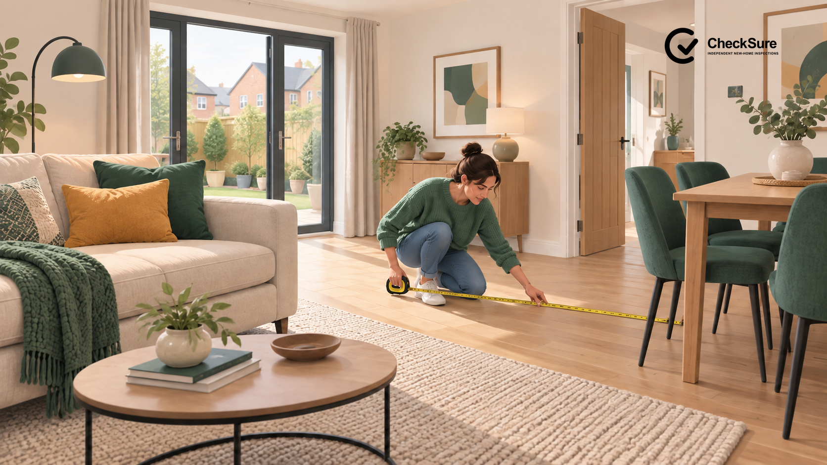 A buyer measures a furnished room and considers whether furniture, storage and circulation space will work in everyday use.