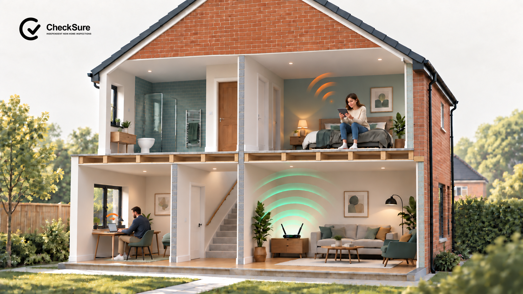 A cutaway new-build home shows strong Wi-Fi near the downstairs router, a weaker signal at an upstairs tablet and the weakest signal at a study laptop.