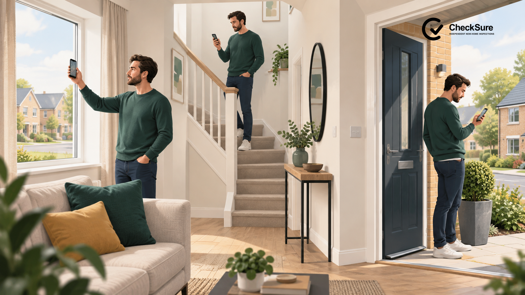 A homeowner checks mobile reception near a window, upstairs and outside a new-build home.