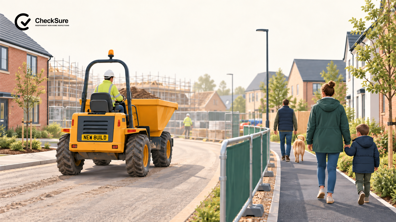 An occupied new-build development has a construction dumper with a UK-style rear number plate, temporary barriers and a separated pedestrian route.