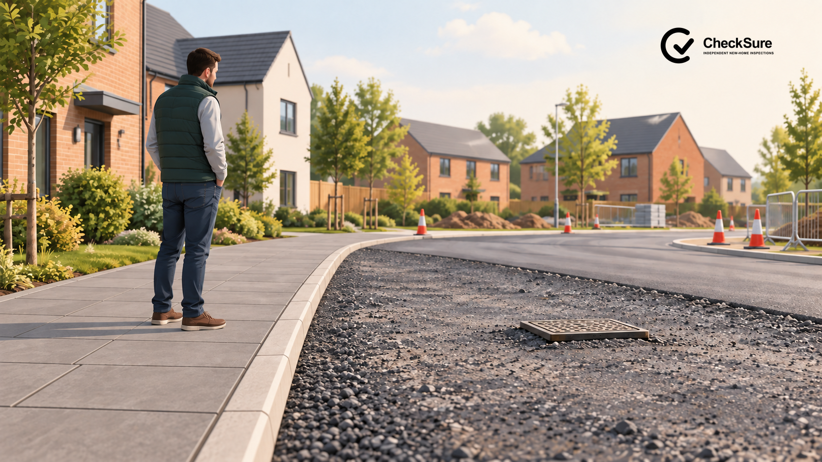 An occupied new-build road has unfinished tarmac meeting a kerb, a contrasting pavement and temporary construction works.