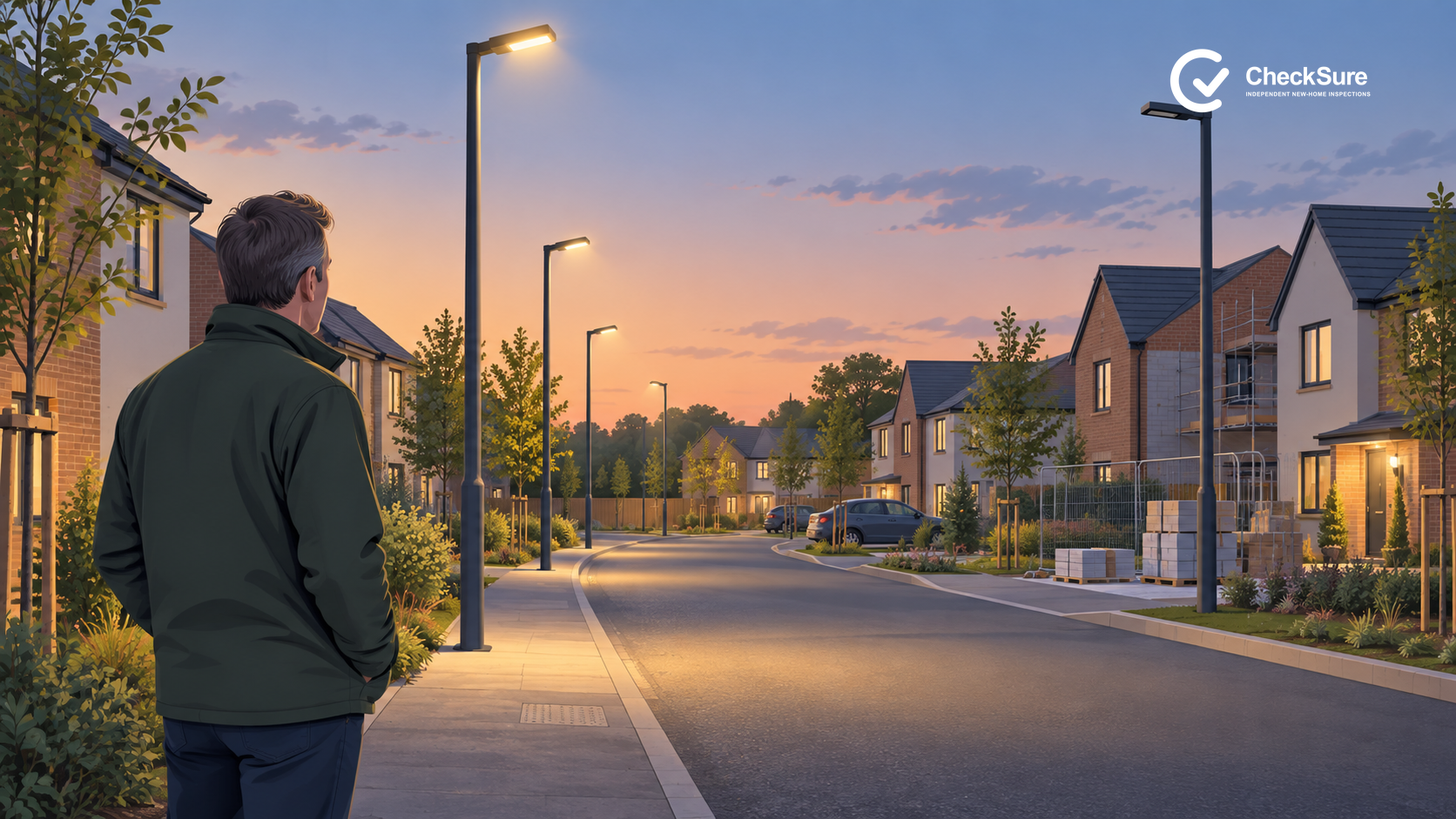 A new-build estate at dusk has several working streetlights and one unlit column during ongoing completion works.
