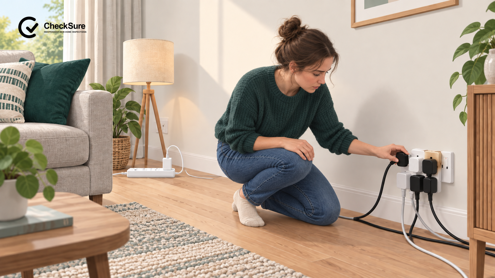 A homeowner safely disconnects an overloaded multi-socket extension lead in a modern home.