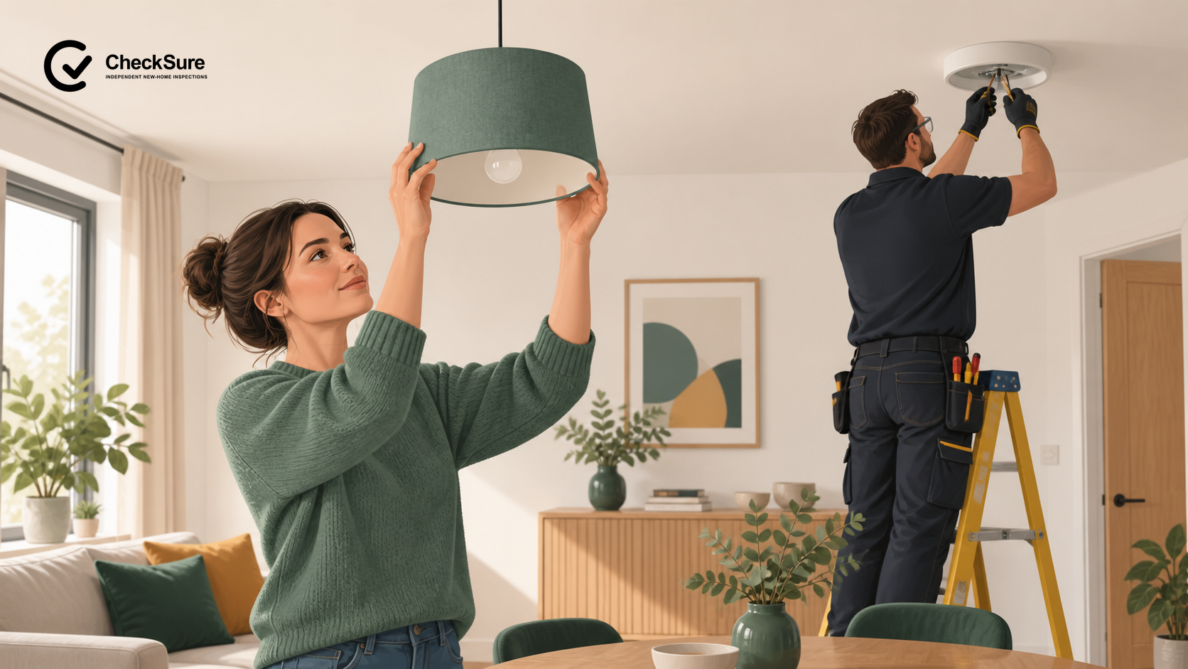 A homeowner fits a removable lampshade while a competent electrician works separately on a fixed ceiling light.