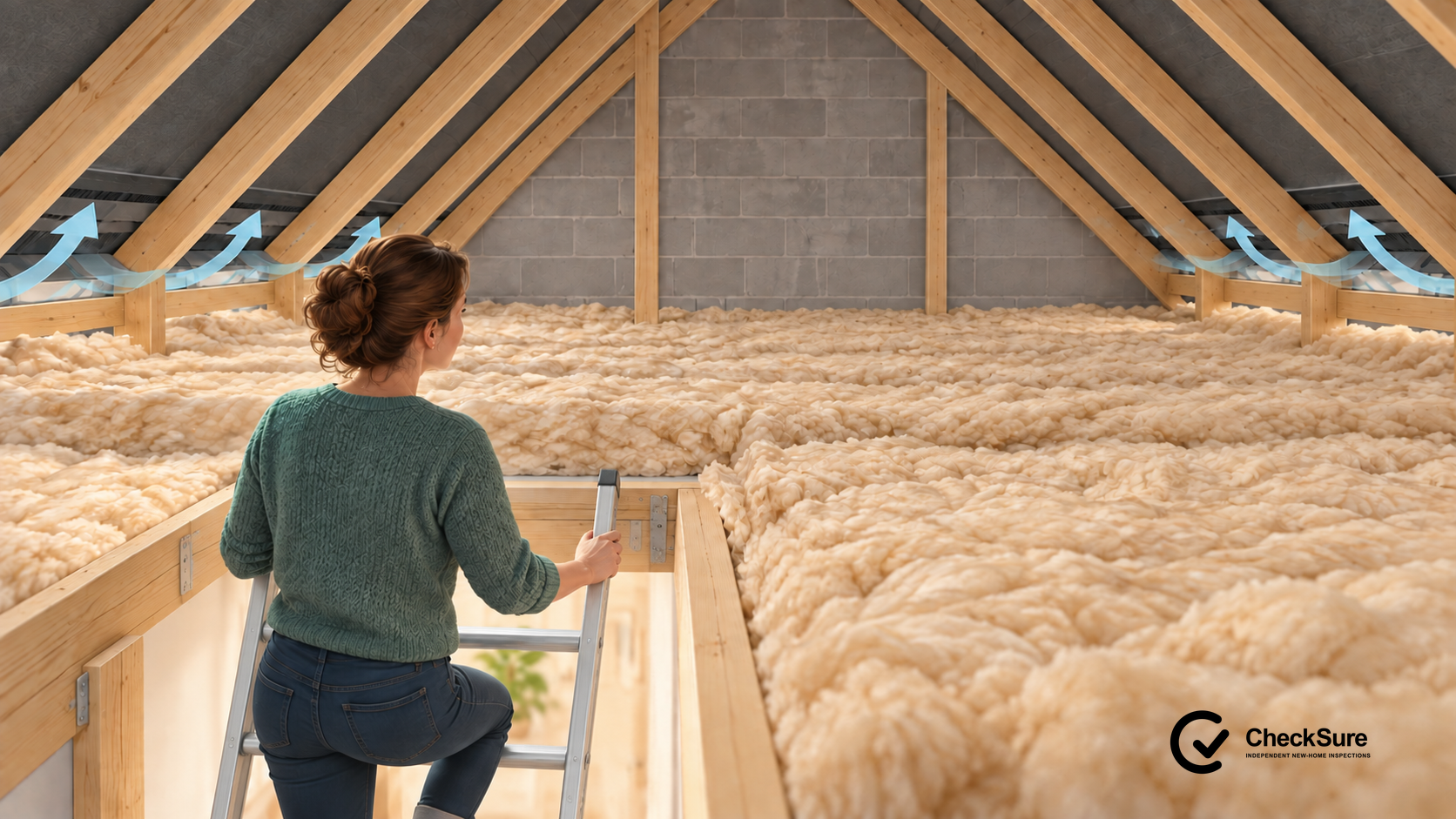 A homeowner stands on a proprietary metal loft ladder to inspect ceiling-level quilt insulation and clear ventilation routes at the eaves.