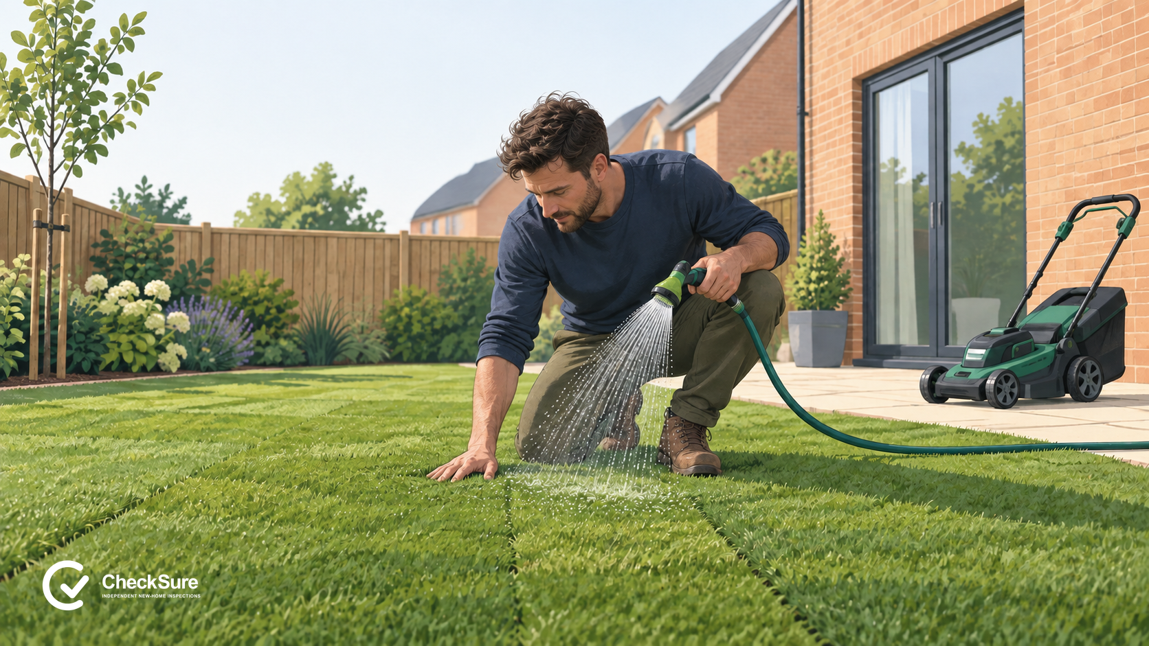 A homeowner checks the moisture in newly laid turf and waters it while a lawn mower remains unused nearby.