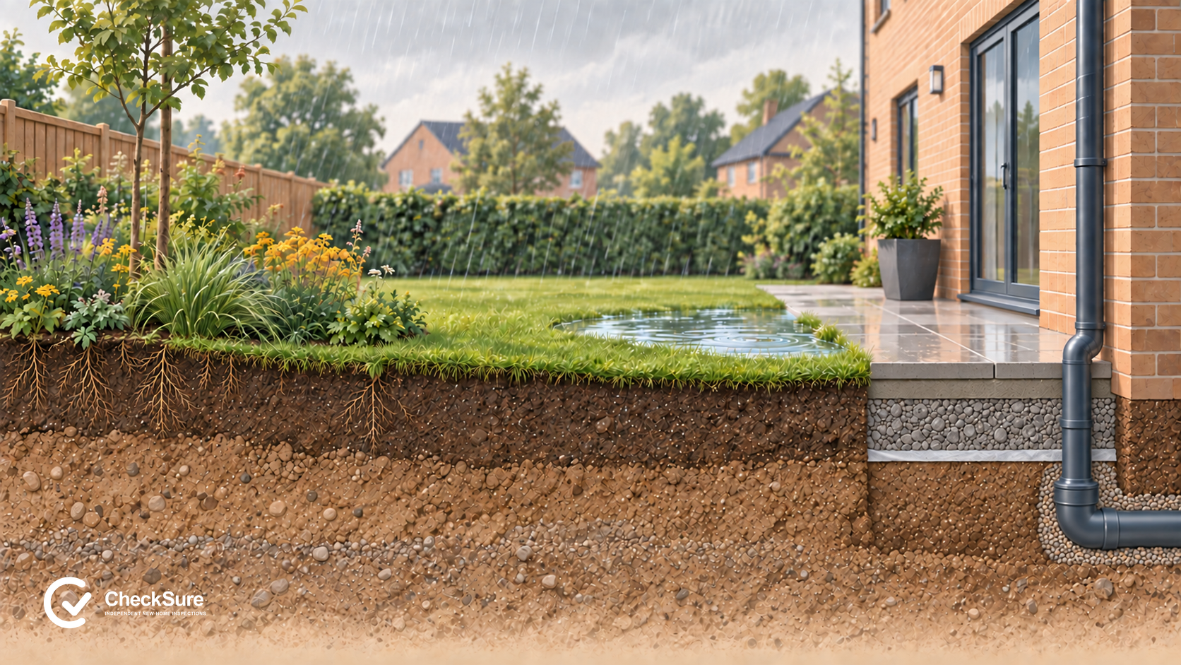 A garden cutaway shows turf and topsoil beside patio slabs on mortar and a Type 1 sub-base, with a membrane over soil and a shingle-bedded drainage pipe leaving the scene.
