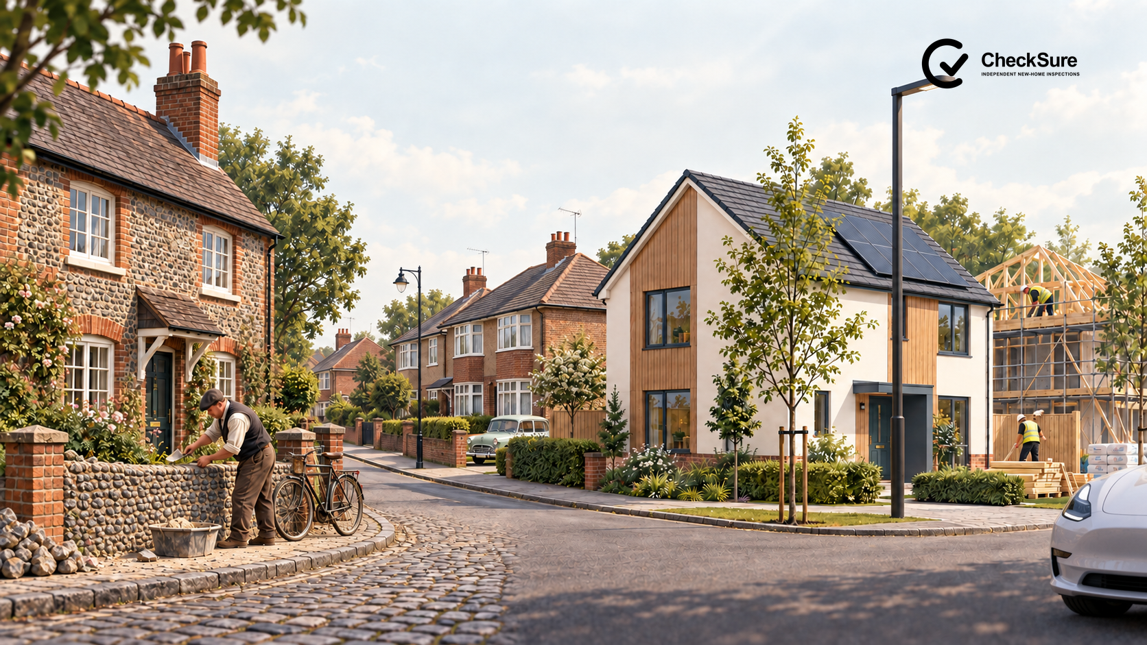 A continuous streetscape progresses from a traditional flint cottage under construction, through mid-century housing, to a modern energy-efficient new home.