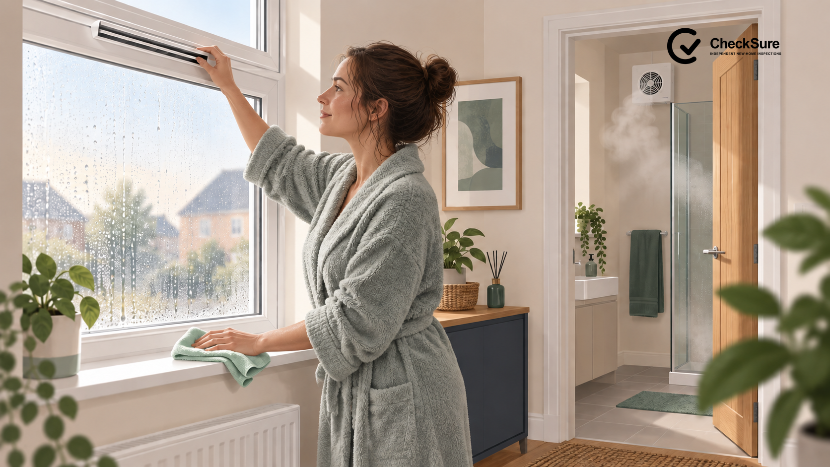 A homeowner dries condensation from a bathroom window after showering while the extractor fan runs and the trickle vent remains open.