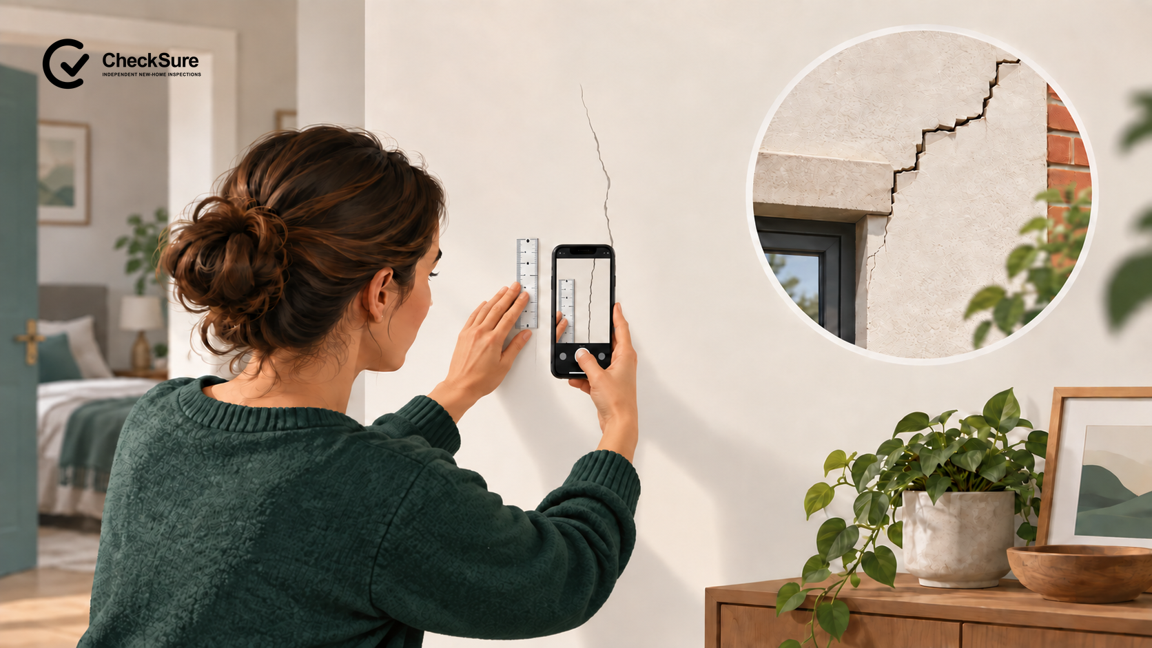 A homeowner holds a crack-width scale beside a fine wall crack and photographs it with a phone.