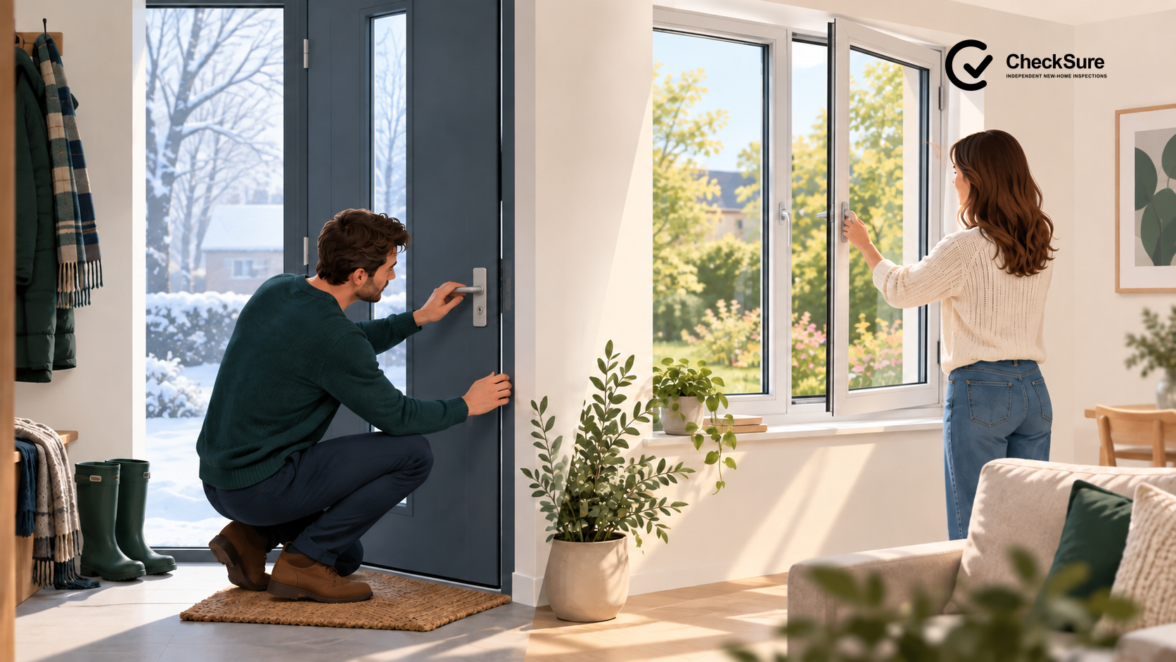 A front door and side-hung window are checked in contrasting warm and cold seasonal conditions.
