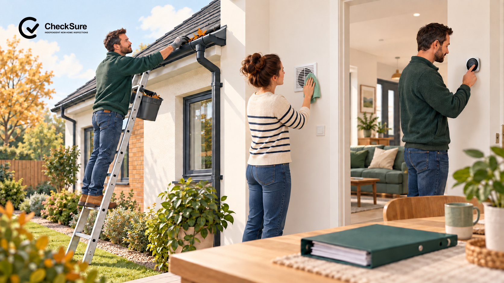 A homeowner carries out routine maintenance around a new home, including cleaning an extractor fan grille just above shoulder height.
