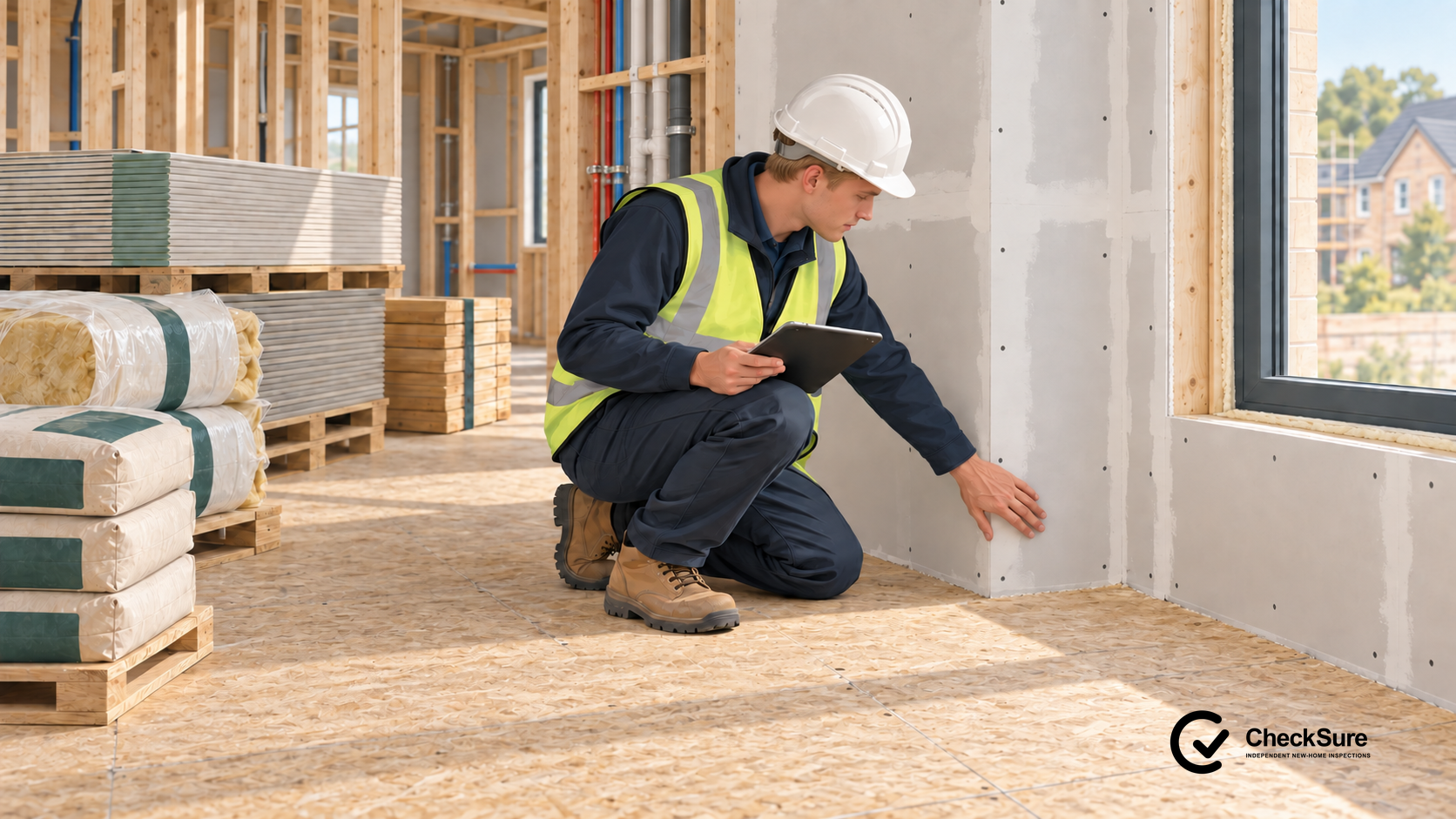 A young clean-shaven worker checks materials and workmanship inside an unfinished new home with chipboard floors, exposed studwork and visible services.