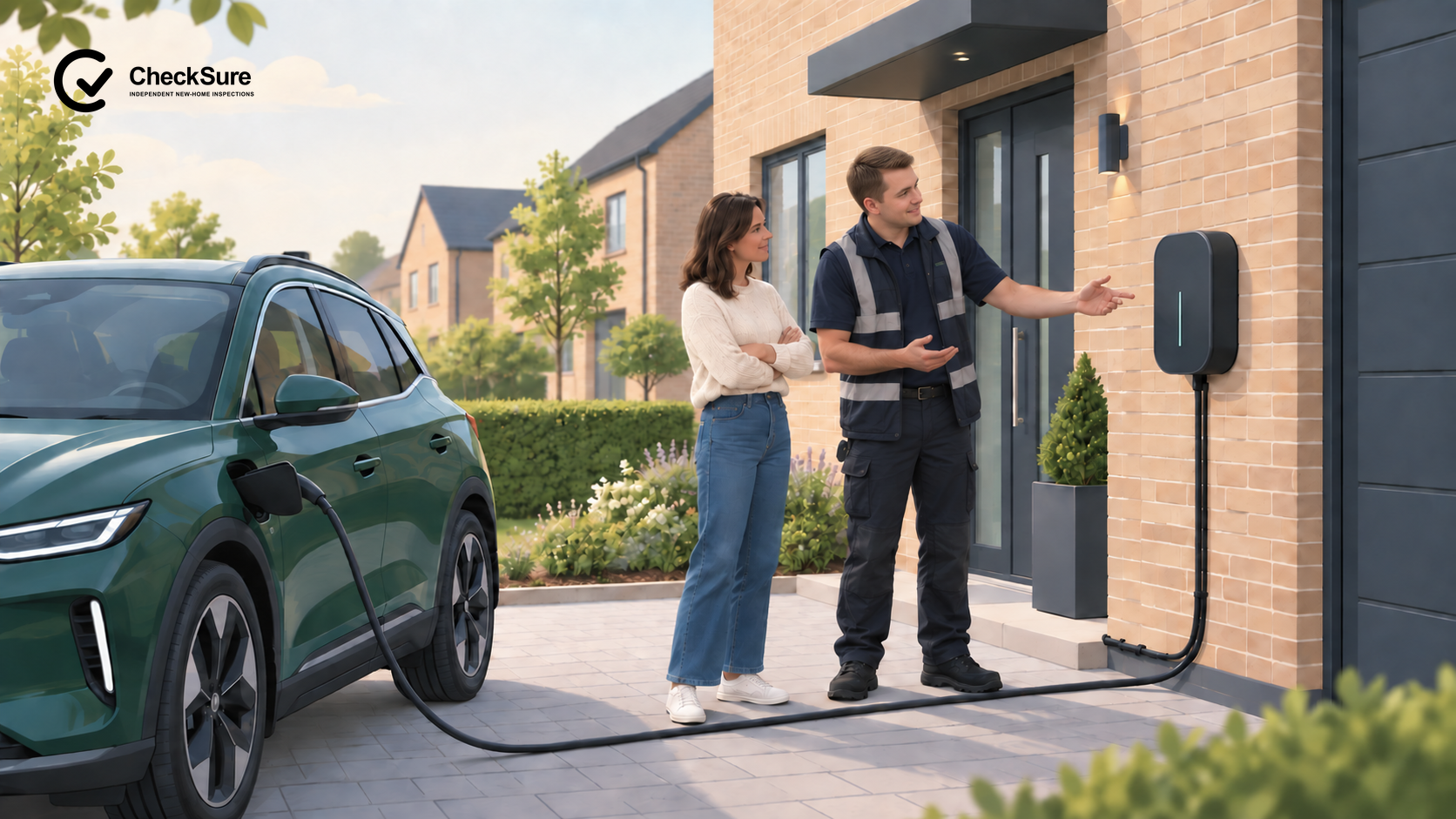 A short-haired homeowner stands beside an electric vehicle, wall-mounted charge point and safely routed charging cable at a new home.