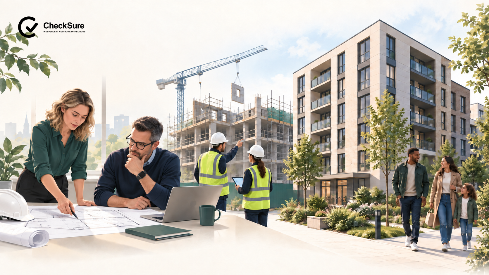 People discuss building safety responsibilities beside apartment buildings, including a middle-aged man wearing a black smartwatch.