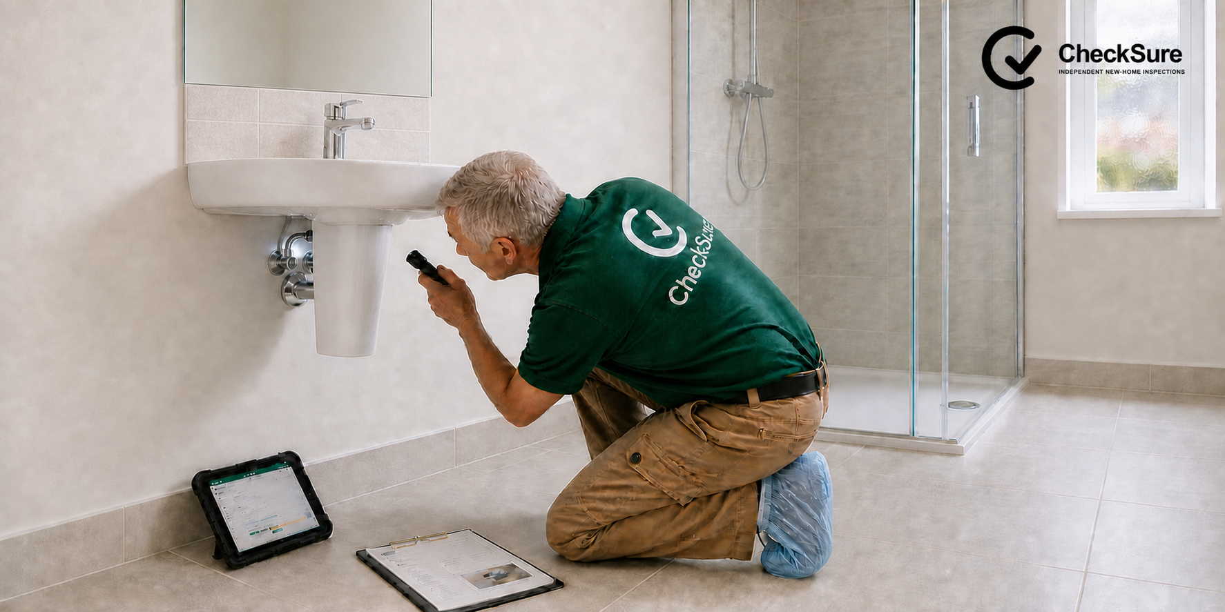 CheckSure inspector examining accessible plumbing beneath a bathroom basin during a Re-snag Inspection