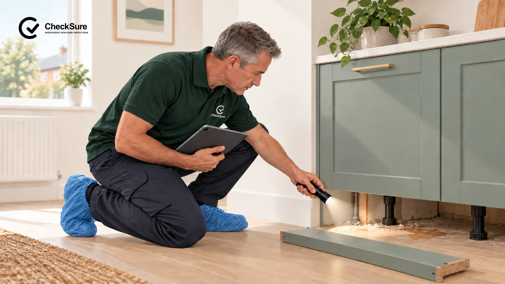 A clean-shaven CheckSure inspector in his fifties wears blue shoe protectors and examines debris and a small water stain beneath kitchen cabinets while holding a tablet.