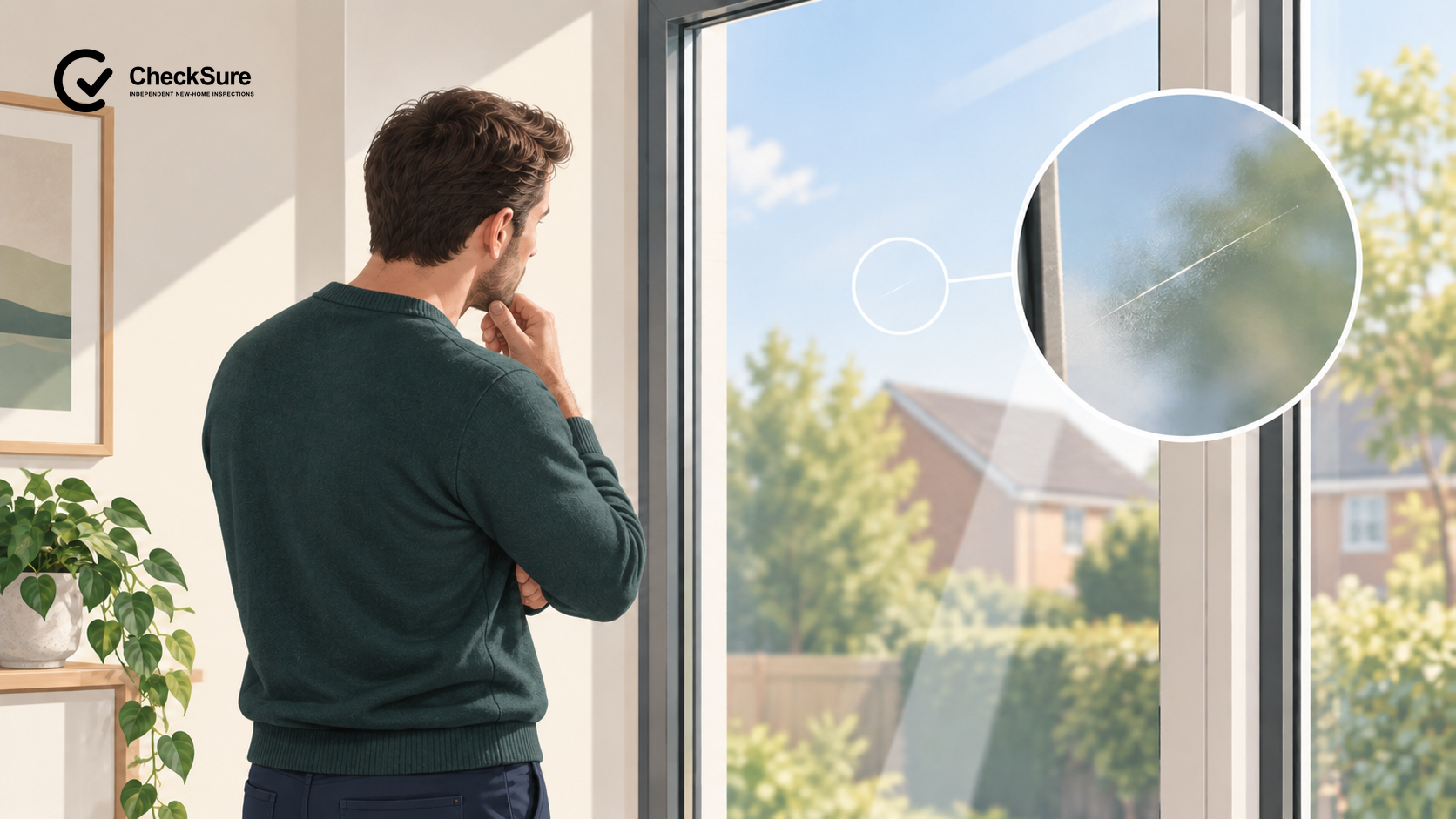 A homeowner examines a clean window for scratches in normal daylight from a sensible viewing position.