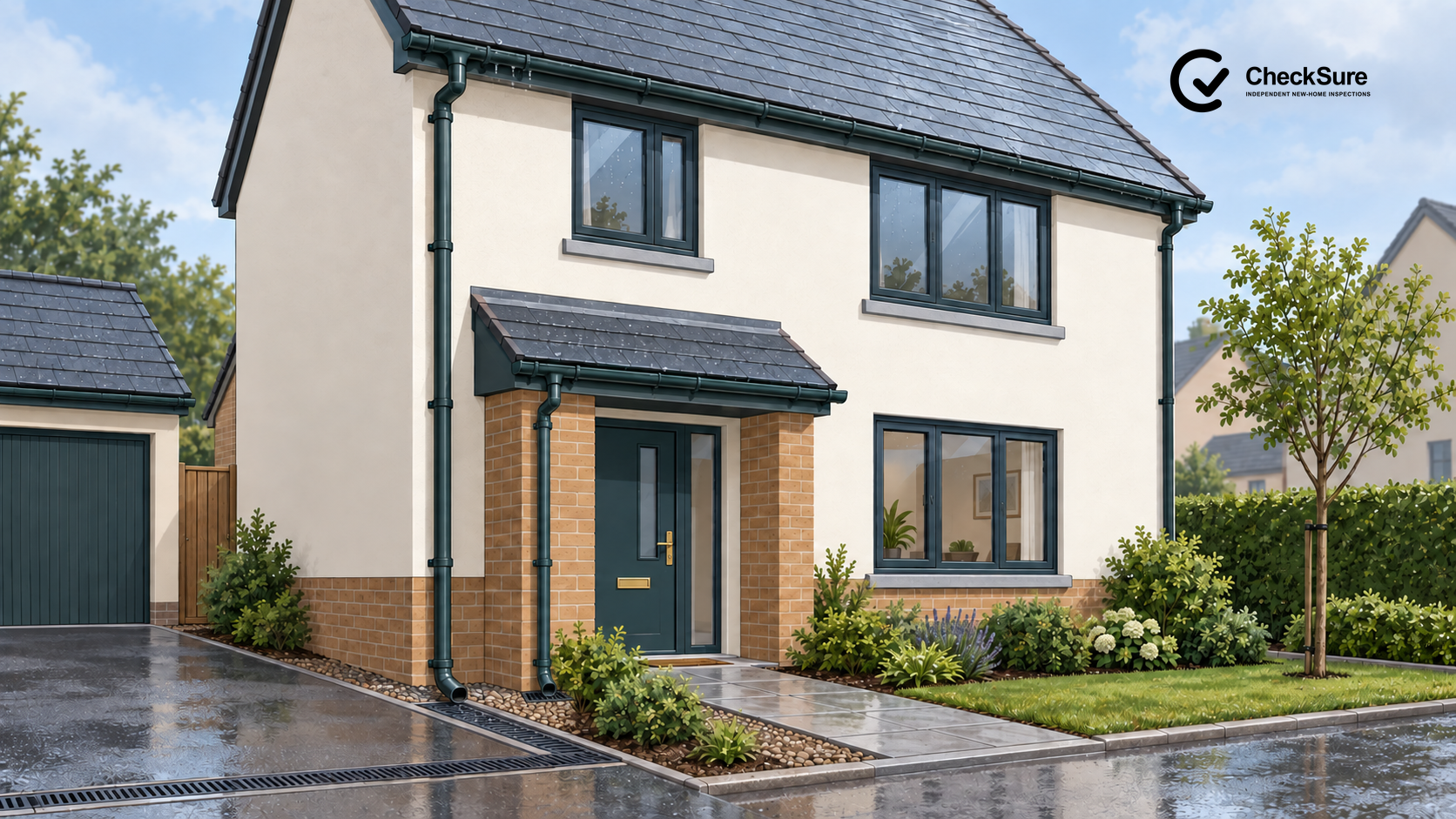 Front of a new-build home after rain, showing complete gutters and downpipes connected at ground level.