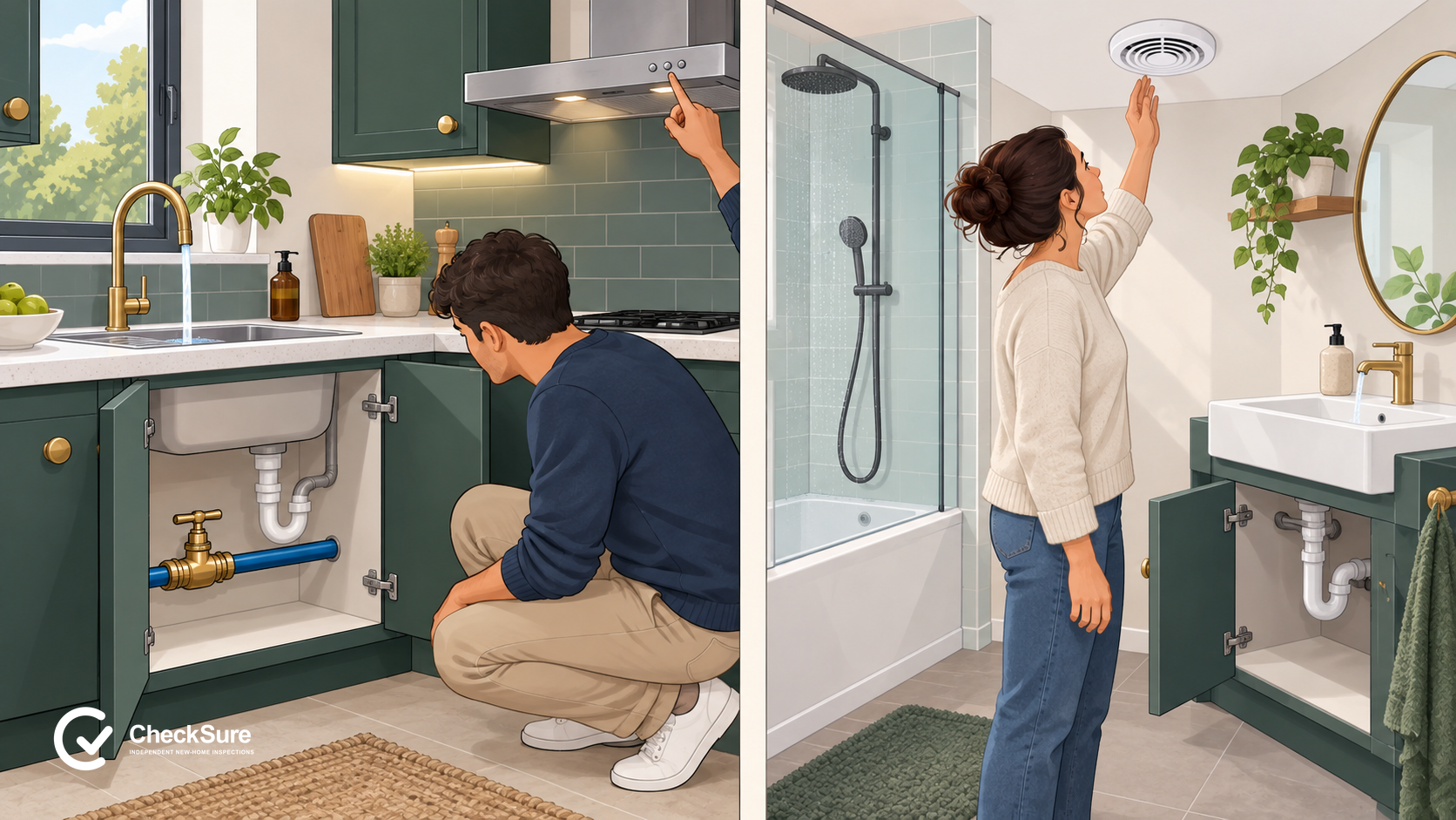 Split illustration of safe kitchen water and waste observations and a bathroom extractor, shower and basin check.