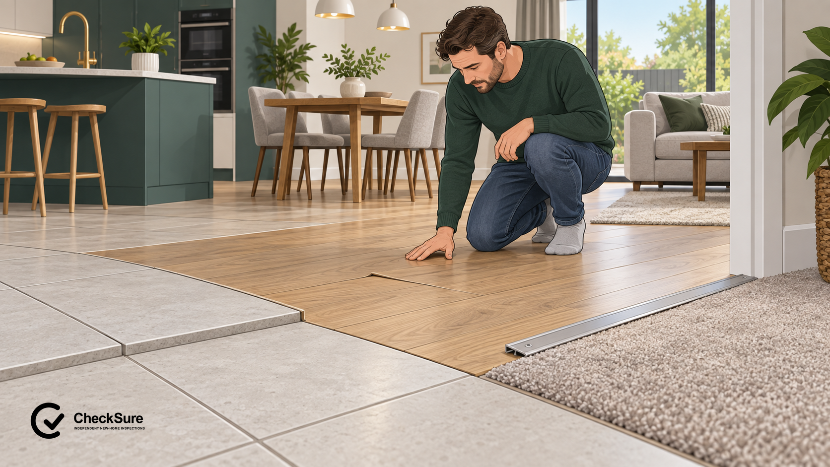 Homeowner examining a raised timber floorboard beside tile and carpet transitions.