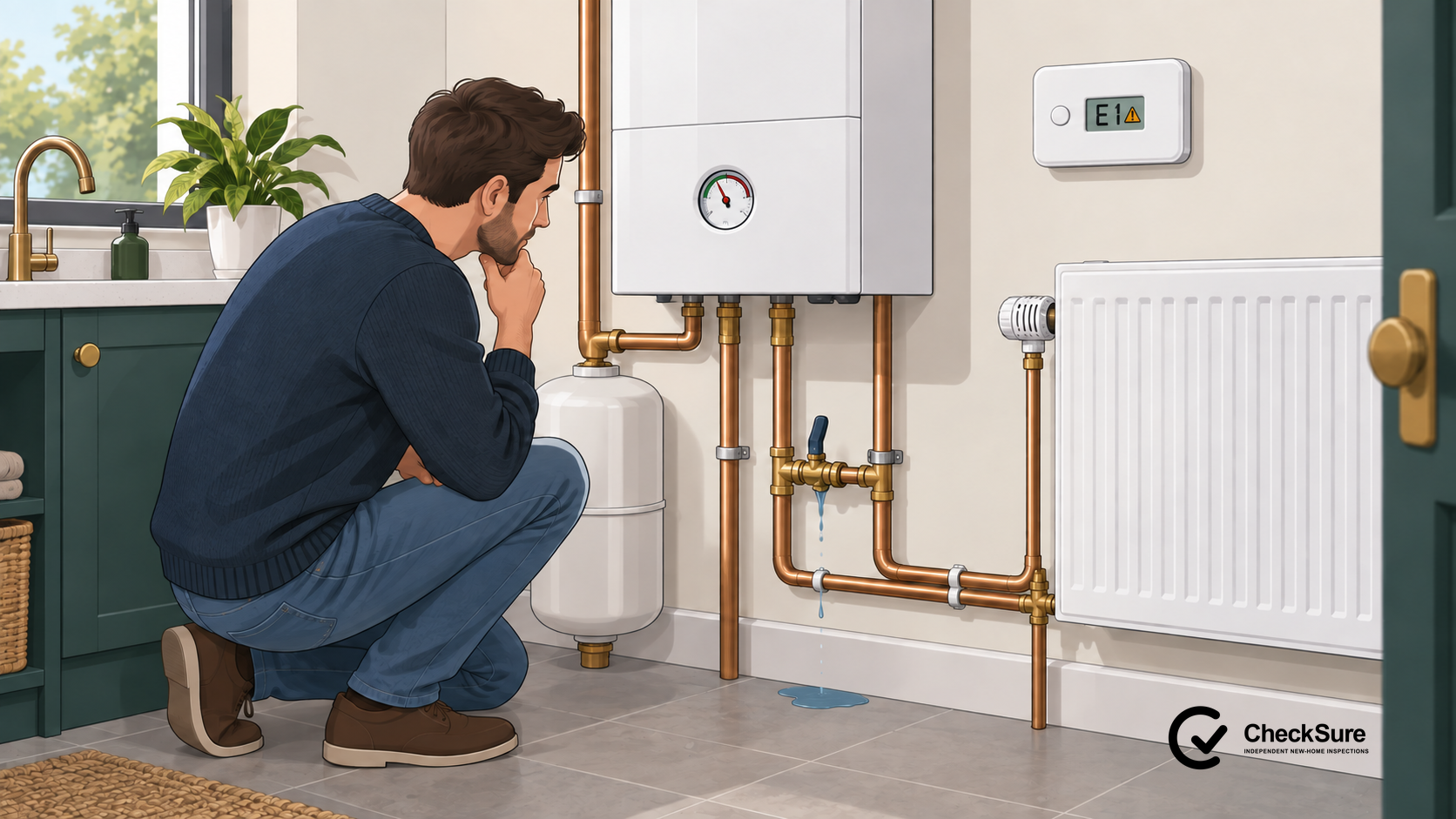 Homeowner observing leaking heating pipework beneath a boiler while a wall thermostat displays an error warning.