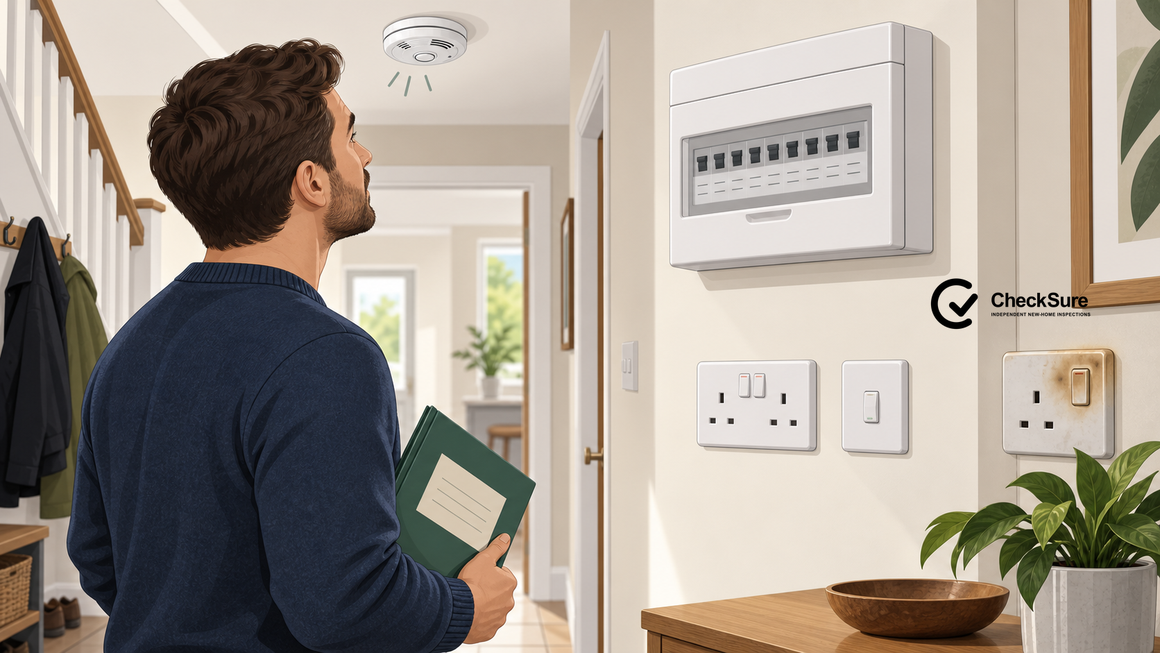Homeowner visually checking a smoke alarm, consumer unit and electrical accessories, including a heat-damaged switch.