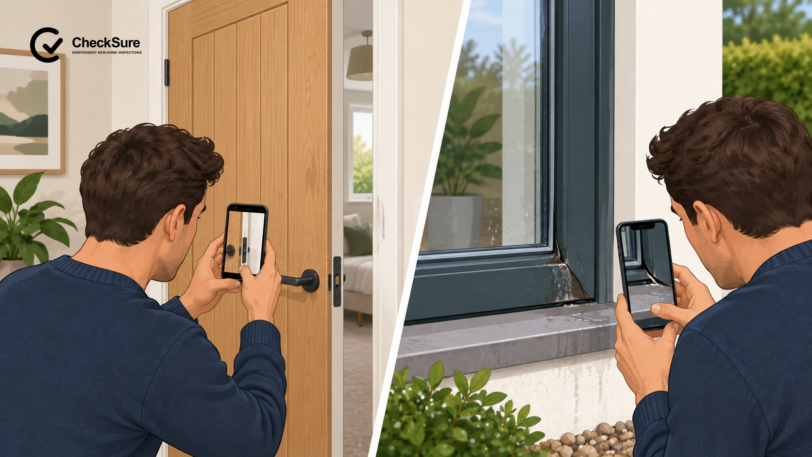 Split illustration of a homeowner recording door alignment and water entering at a window-frame corner.