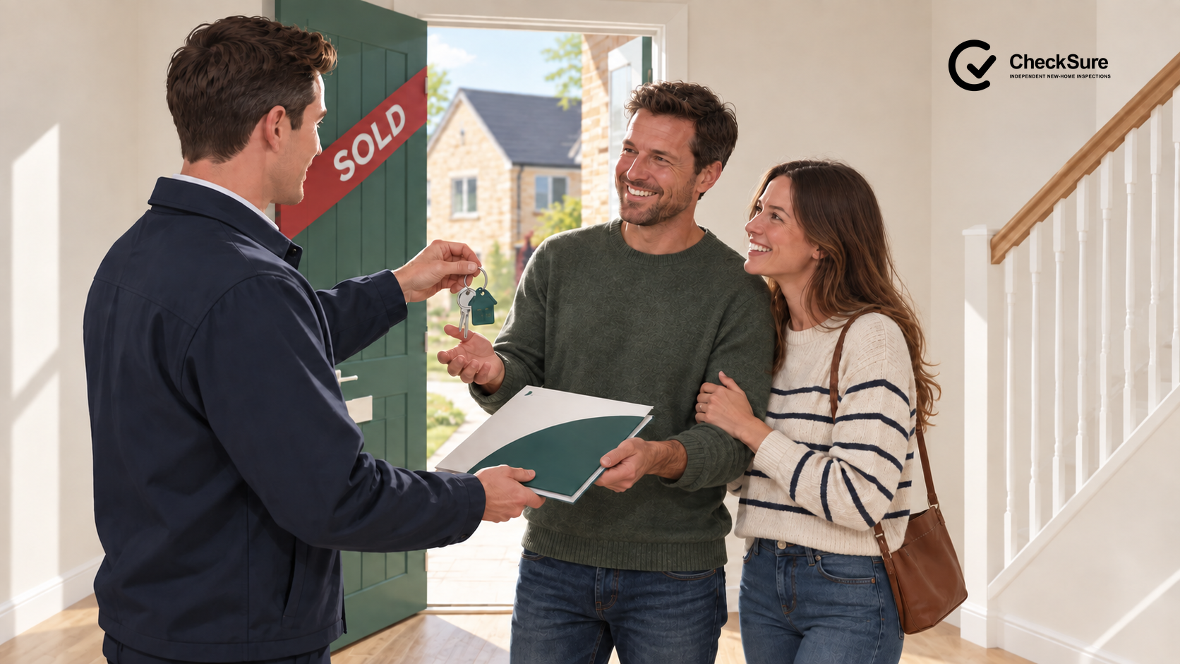 A clean-shaven representative hands keys and warranty documents to buyers at the empty new home marked sold.