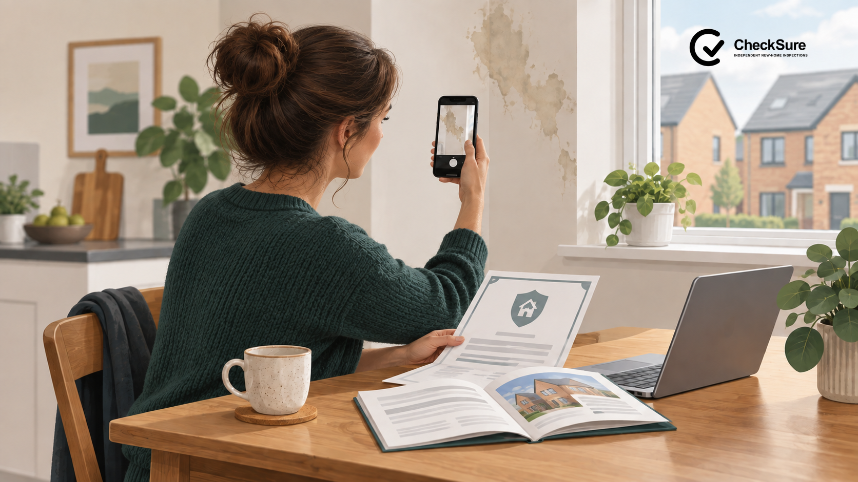 A homeowner reviews generic warranty documents and records damp evidence in a new home.