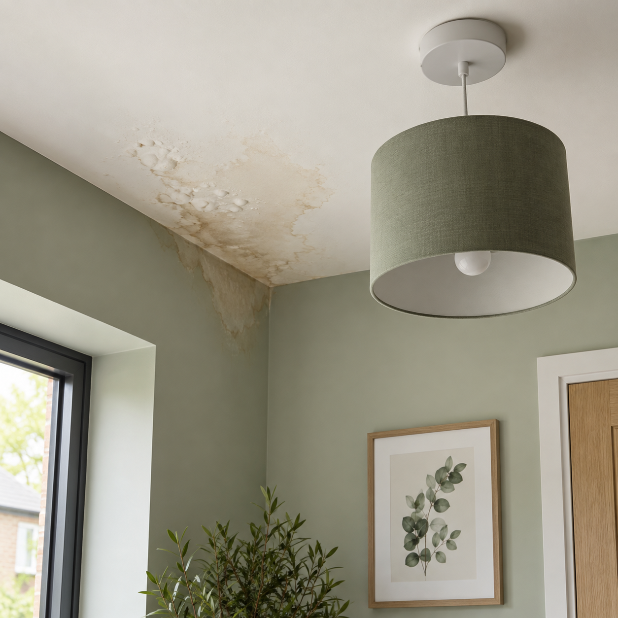 Water damage and staining across a ceiling in a new-build home