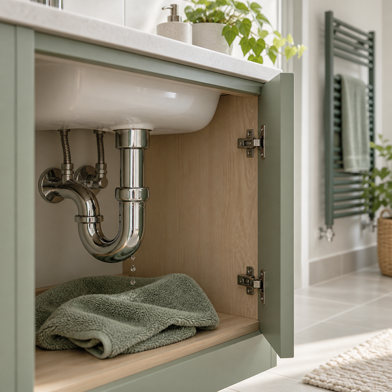 Water dripping from pipework beneath a bathroom basin